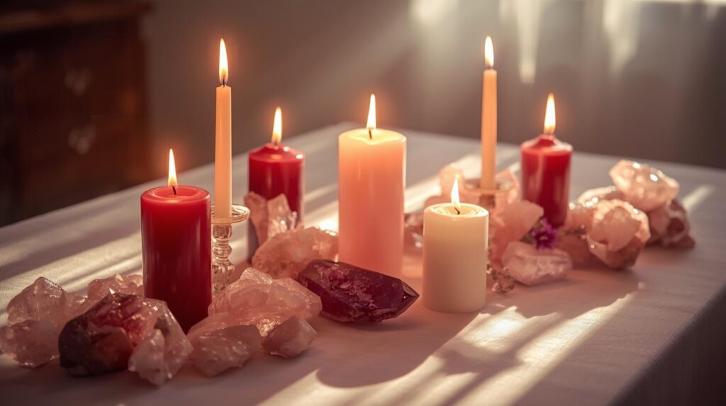 Ritual de amarre de amor con velas y cristales, simbolizando la armonización de emociones y la energía en las relaciones