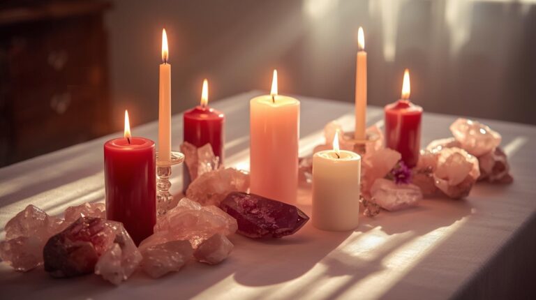 Ritual de amarre de amor con velas y cristales, simbolizando la armonización de emociones y la energía en las relaciones