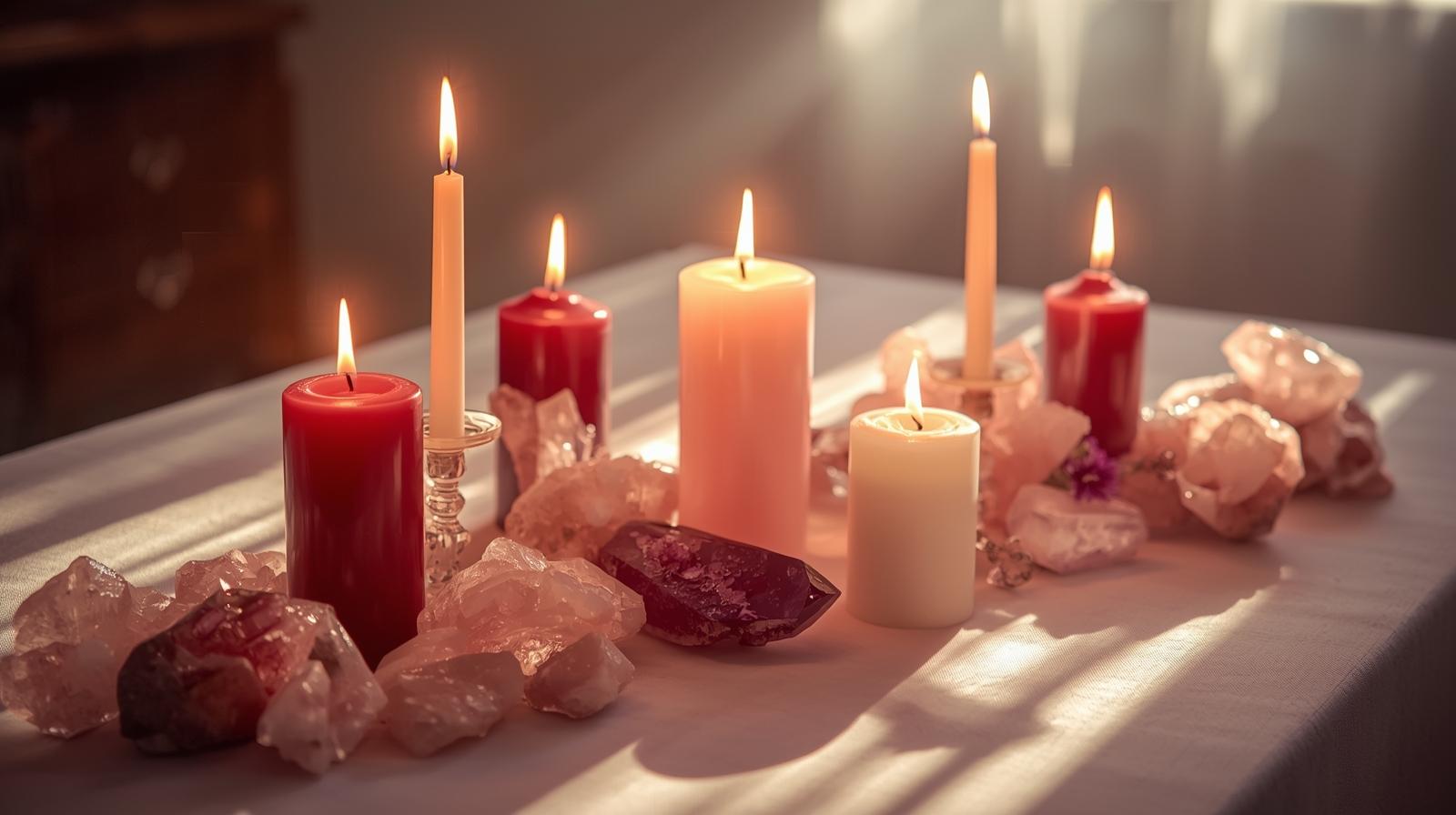 Ritual de amarre de amor con velas y cristales, simbolizando la armonización de emociones y la energía en las relaciones