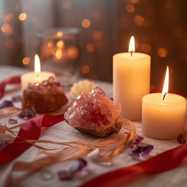 Representación simbólica de un amarre de amor con velas y cristales, evocando energía positiva y armonía en la pareja.