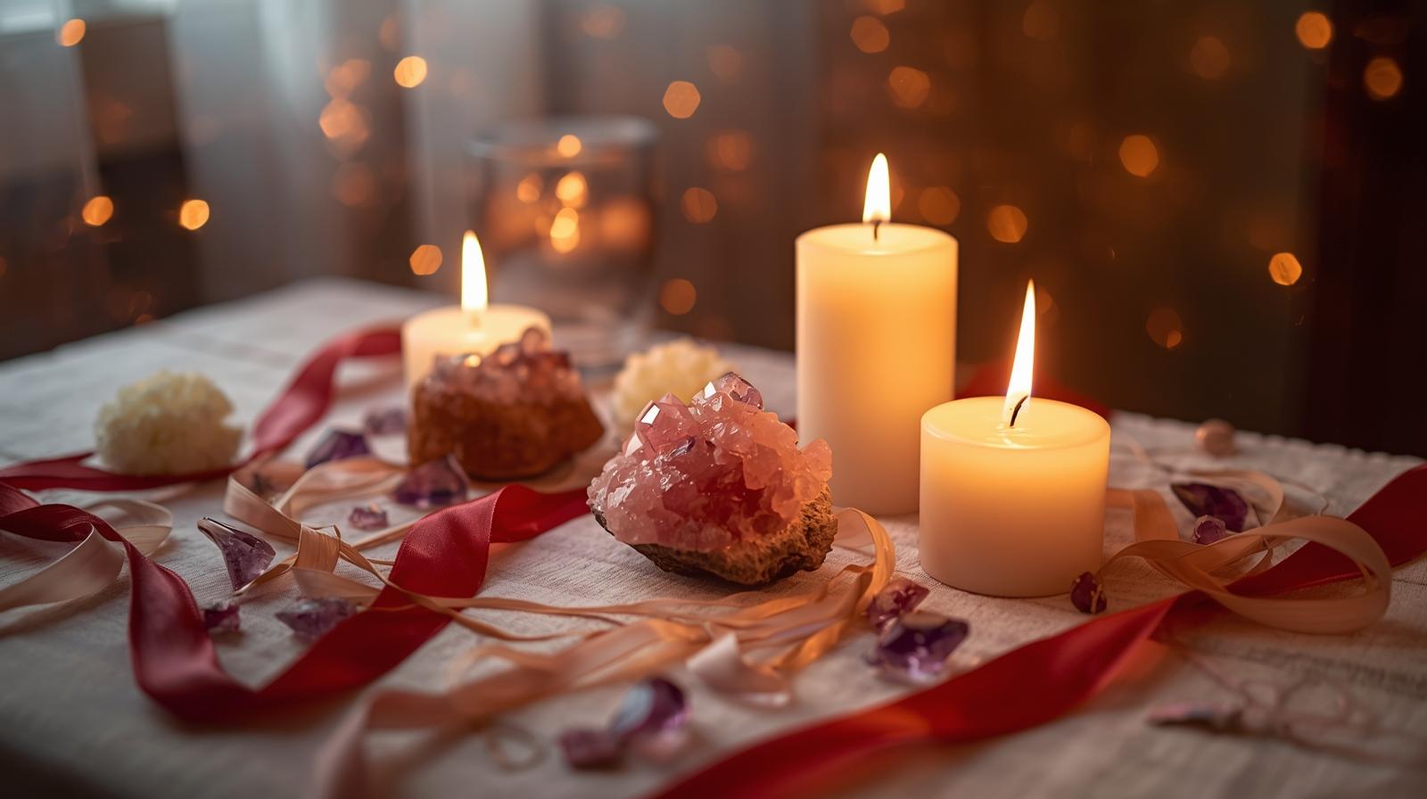 Representación simbólica de un amarre de amor con velas y cristales, evocando energía positiva y armonía en la pareja.