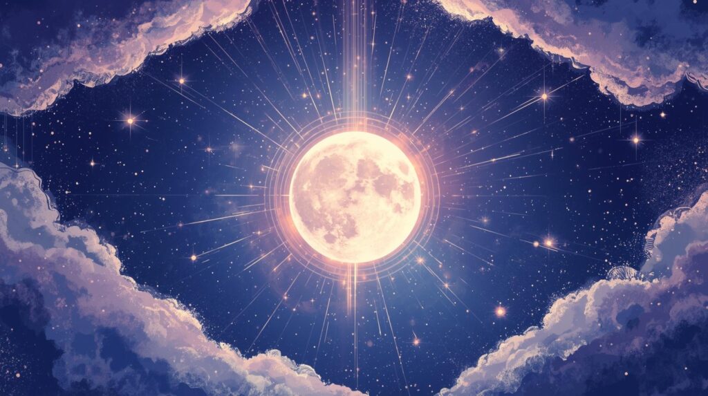 Ilustración de la luna sobre un cielo estrellado, con símbolos de amor y energía positiva