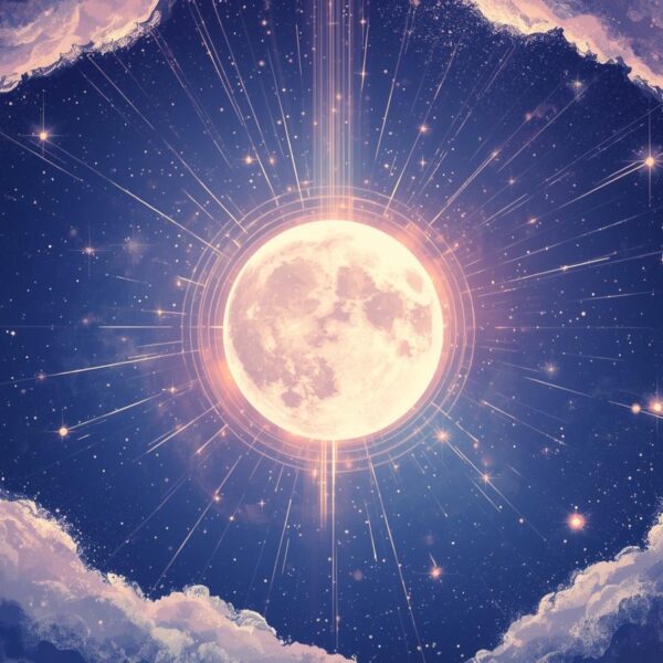 Ilustración de la luna sobre un cielo estrellado, con símbolos de amor y energía positiva
