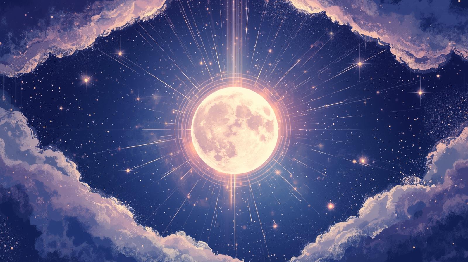 Ilustración de la luna sobre un cielo estrellado, con símbolos de amor y energía positiva