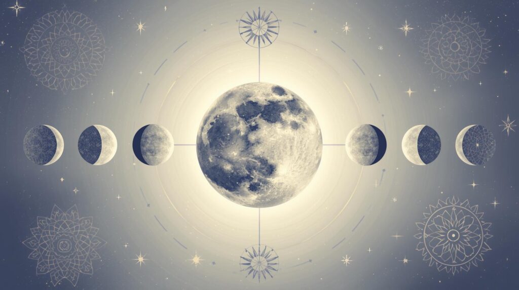 Diagrama de las fases de la luna con íconos que representan amor y rituales energéticos