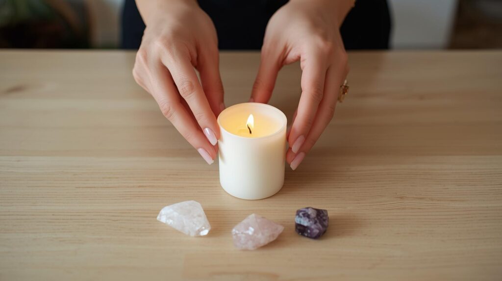 Persona realizando un amarre de amor con cristales y velas, representando la intención consciente y el trabajo energético responsable