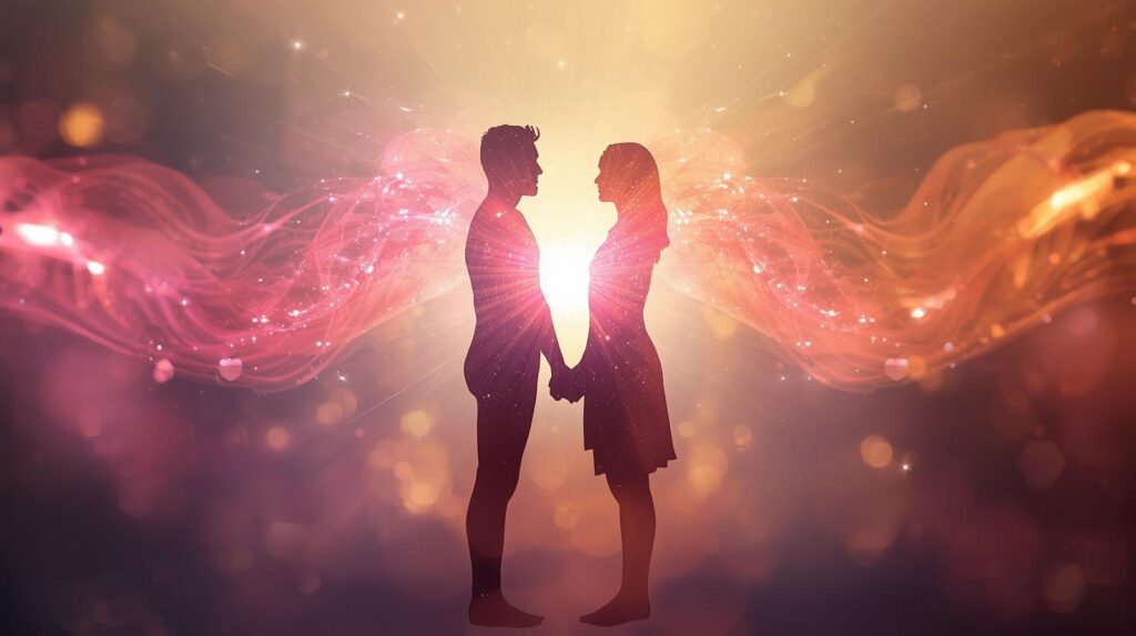 Ilustración de energía luminosa conectando a dos personas, simbolizando armonía y equilibrio emocional en relaciones afectivas.