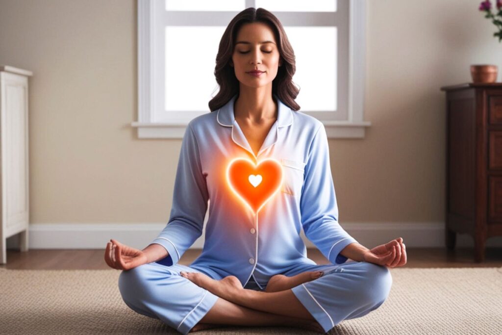 Corazón luminoso y energía fluyendo mientras una persona medita, simbolizando la armonización emocional y los efectos de los amarres de amor.