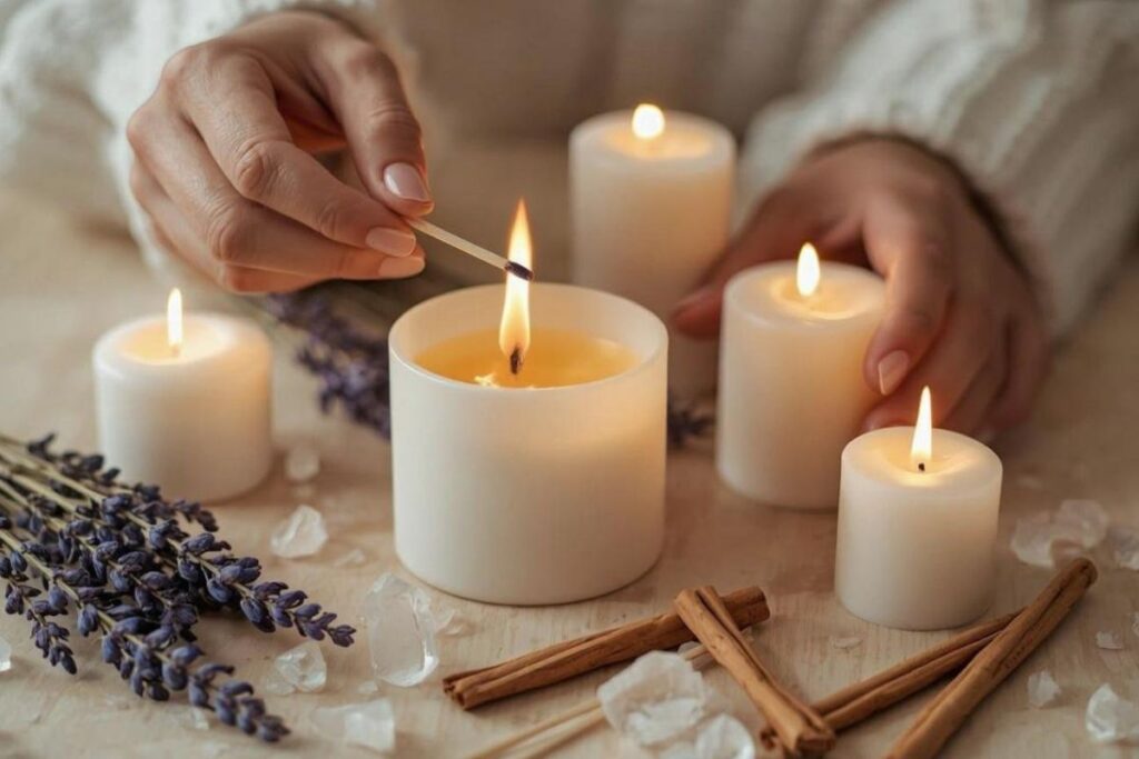 Representación visual de un ritual de amarre de amor correctamente preparado, con elementos energéticos organizados y una atmósfera de armonía y claridad.