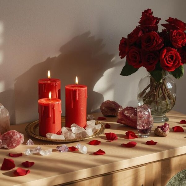 Ritual esotérico con velas y elementos energéticos para preparar un amarre de amor de forma consciente.