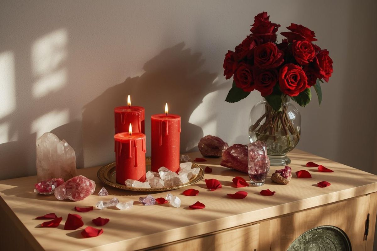 Ritual esotérico con velas y elementos energéticos para preparar un amarre de amor de forma consciente.