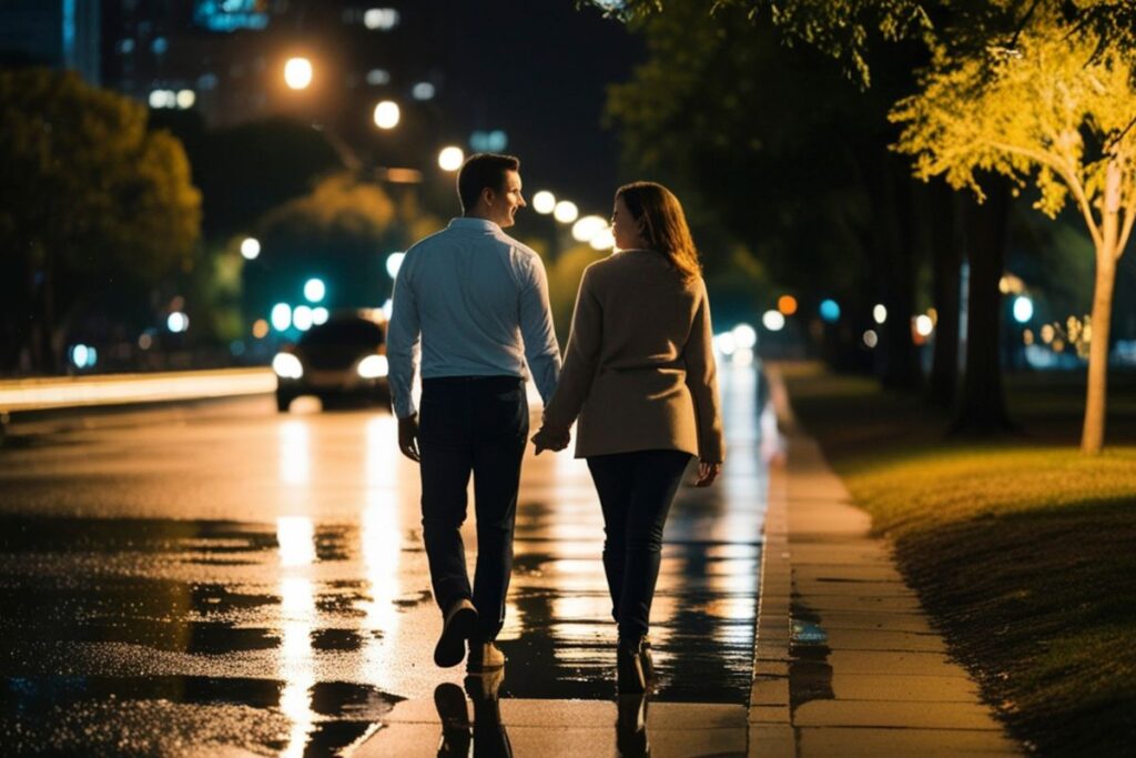 Pareja en armonía con aura energética equilibrada simbolizando relaciones saludables y amor consciente