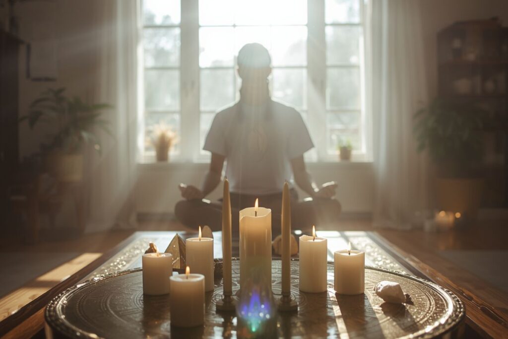 Persona realizando un ritual de protección energética en casa con velas e incienso