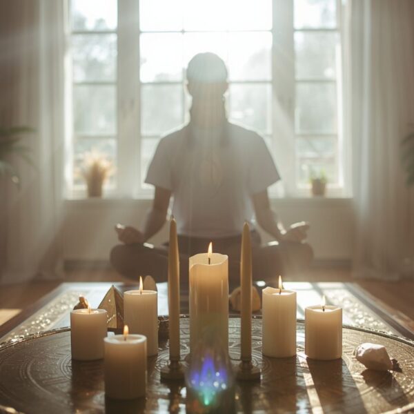 Persona realizando un ritual de protección energética en casa con velas e incienso