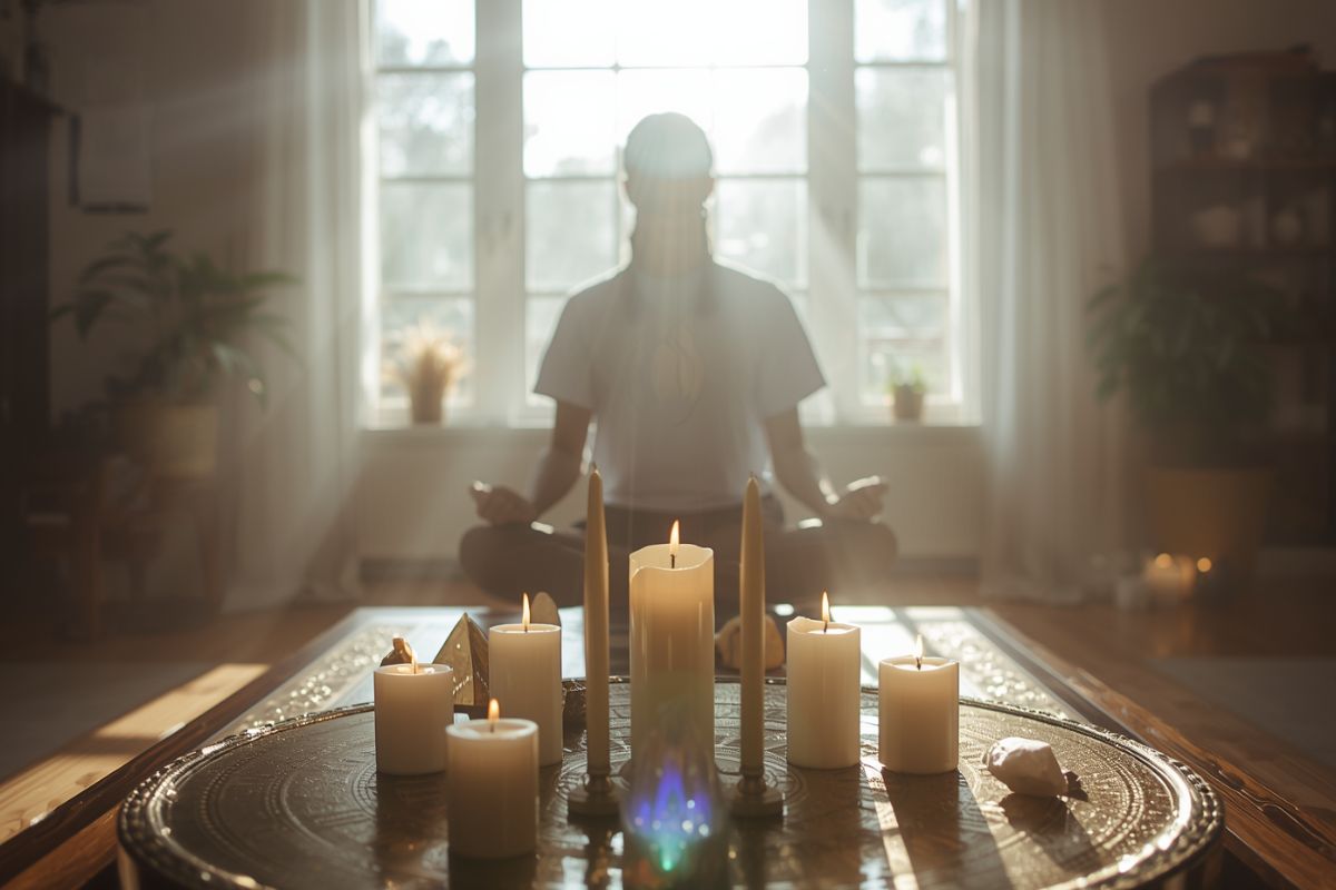Persona realizando un ritual de protección energética en casa con velas e incienso