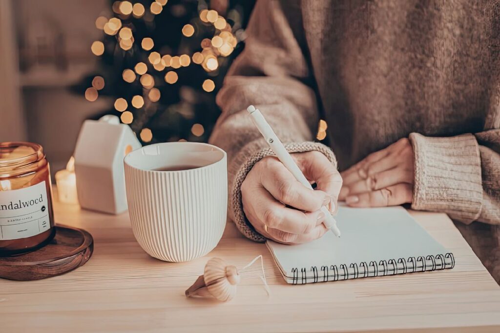 Mano escribiendo en un cuaderno con luz cálida y natural, simbolizando el proceso de manifestación y escritura consciente