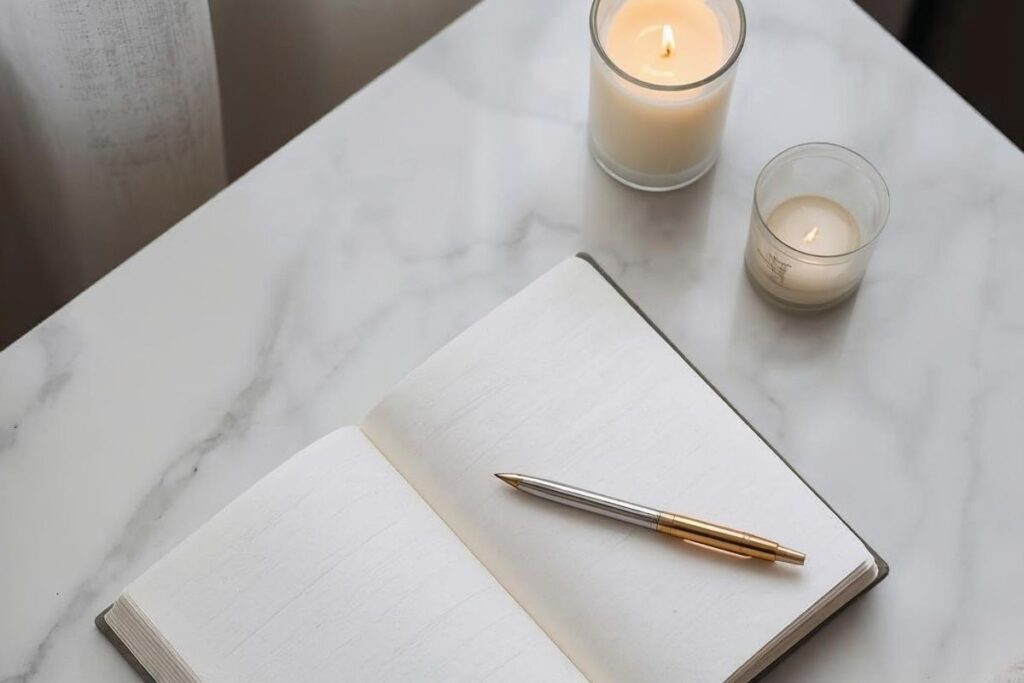 Cuaderno abierto con escritura a mano junto a una vela encendida y elementos espirituales sobre una superficie de madera