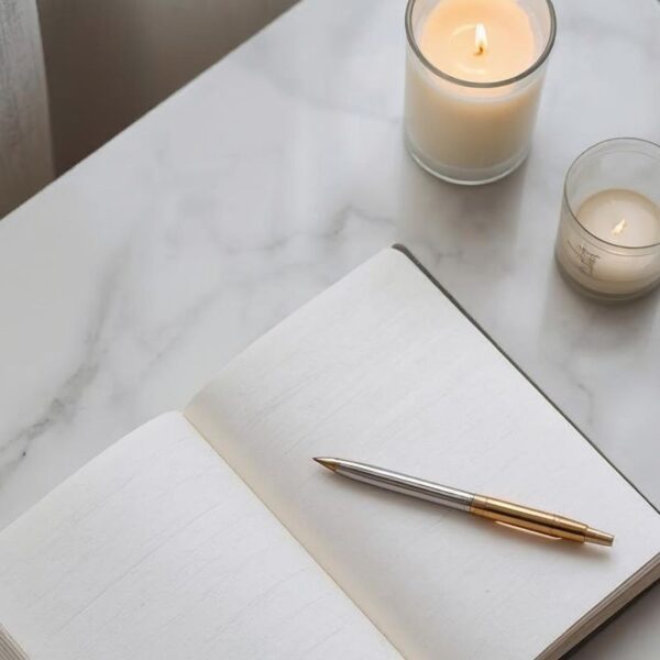 Cuaderno abierto con escritura a mano junto a una vela encendida y elementos espirituales sobre una superficie de madera