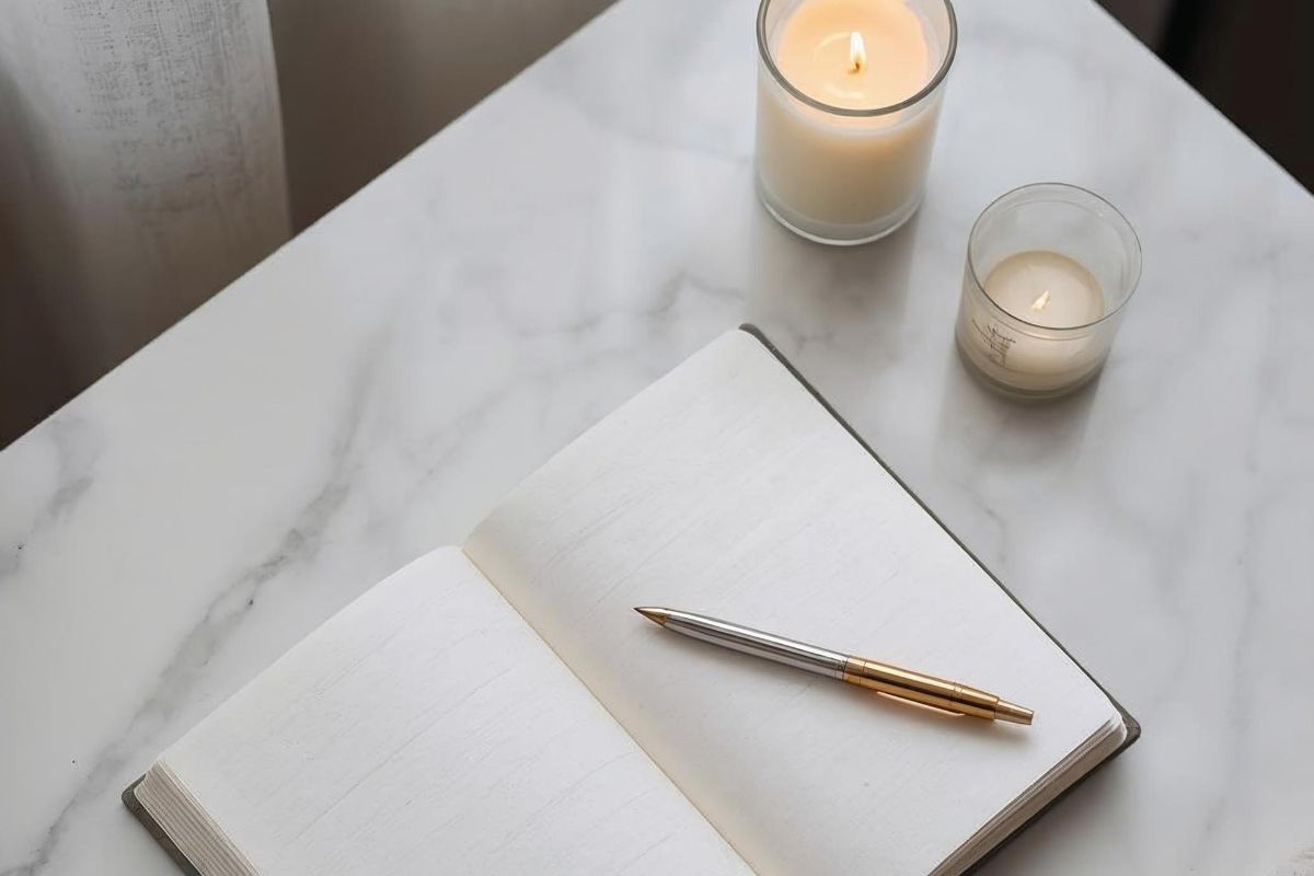 Cuaderno abierto con escritura a mano junto a una vela encendida y elementos espirituales sobre una superficie de madera