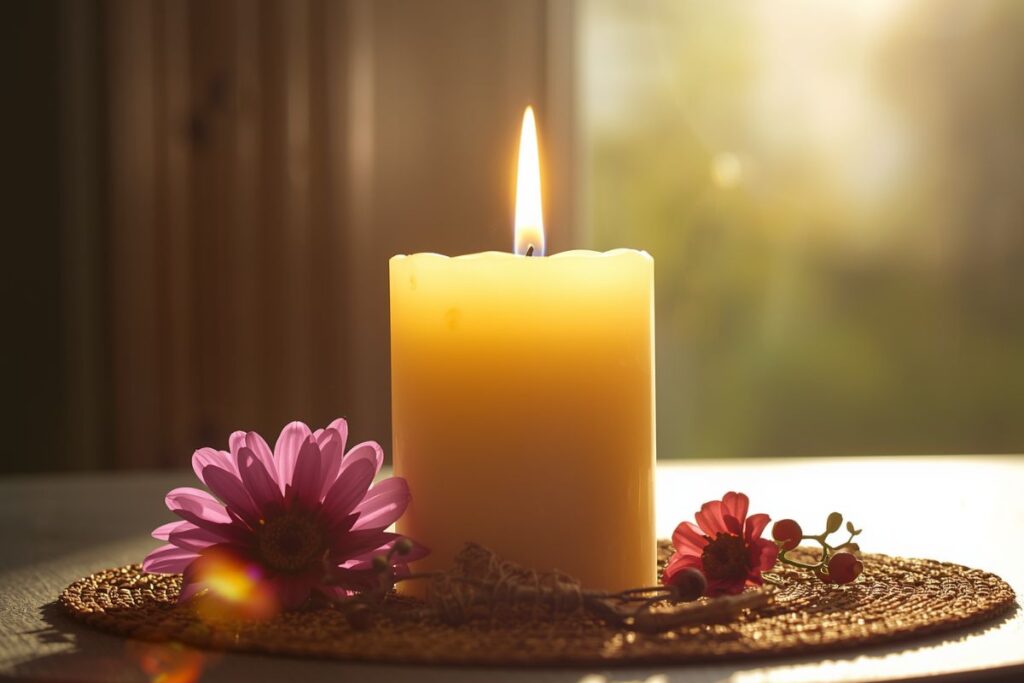 Vela encendida y elementos energéticos que simbolizan un amarre de amor en proceso