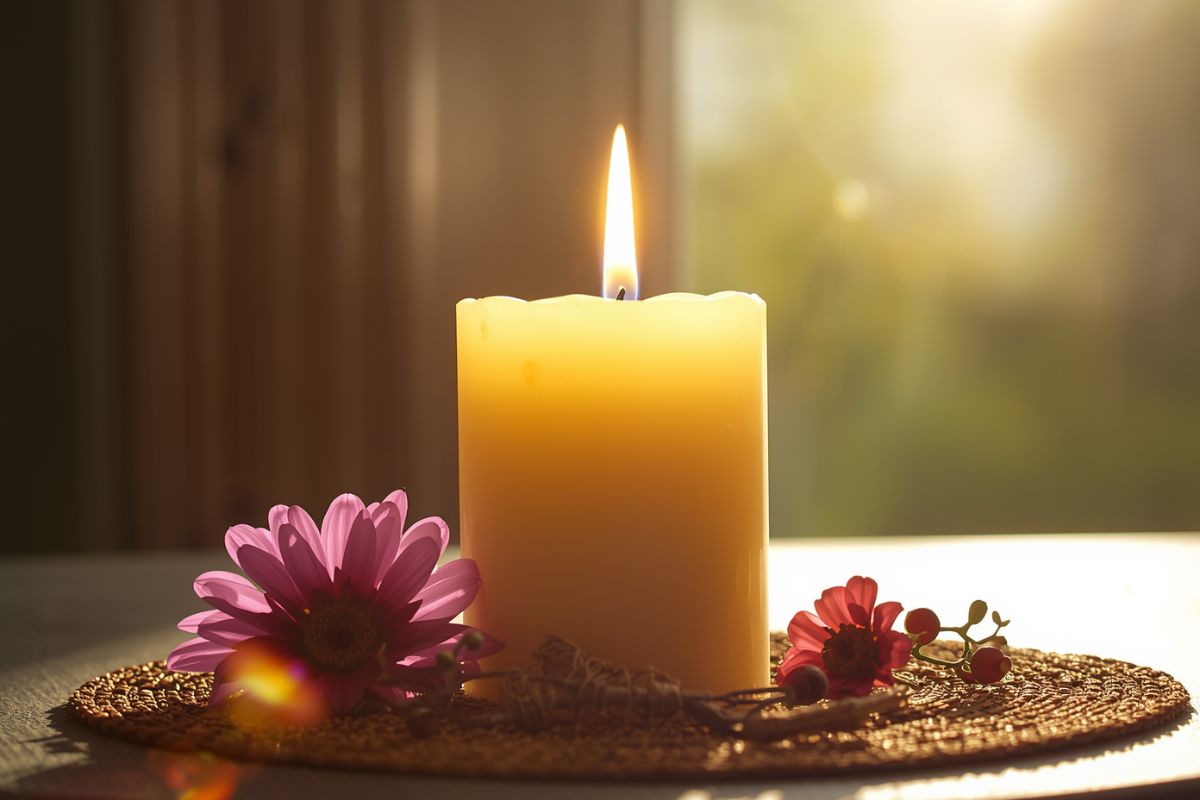 Vela encendida y elementos energéticos que simbolizan un amarre de amor en proceso